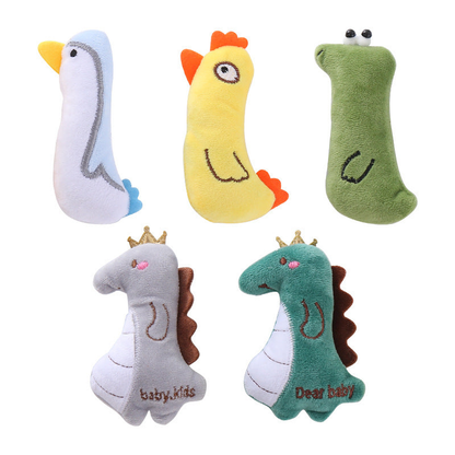 Five animal-shaped cat toy styles displayed together