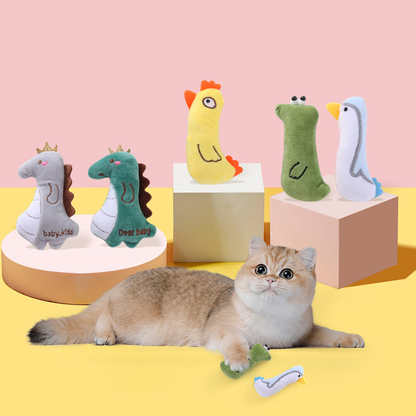 Cat resting beside five animal-shaped cat toy styles