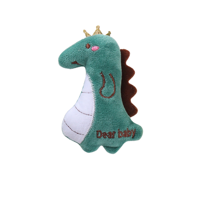 Green Dinosaur cat toy with crown and embroidered details