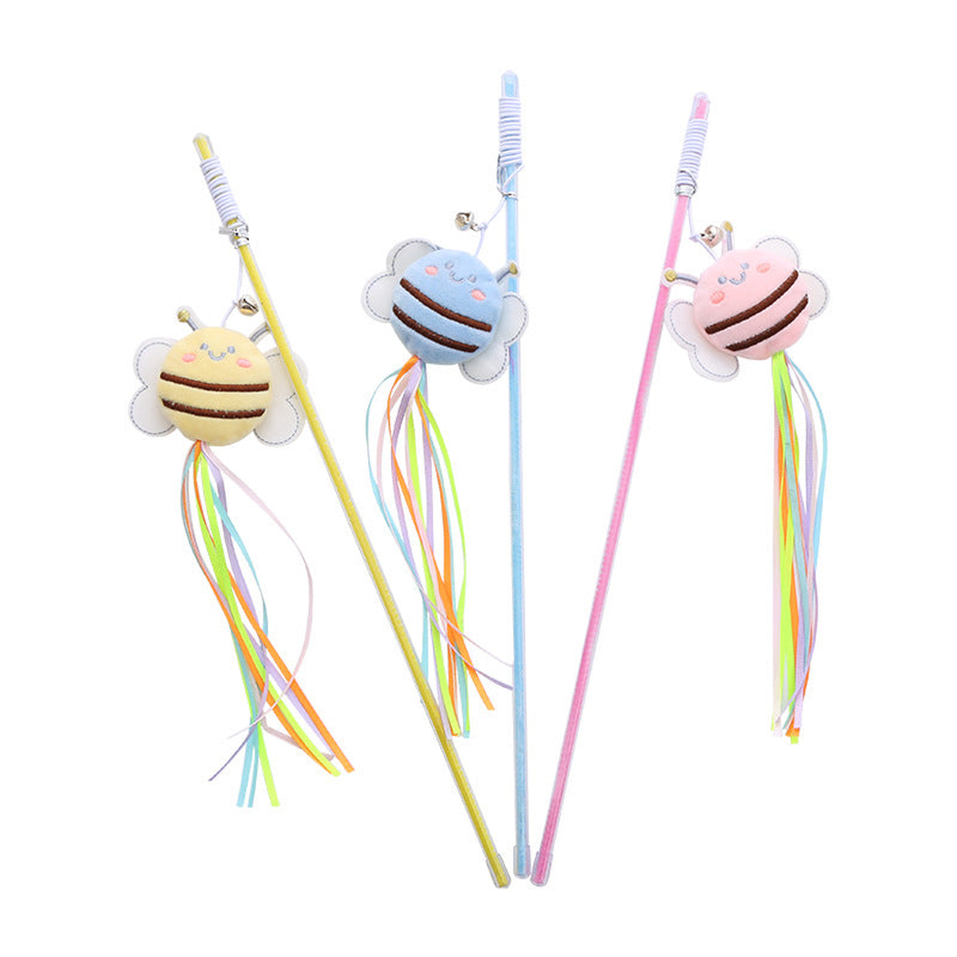 Pink, yellow, and light blue bee wand cat toys with ribbon streamers