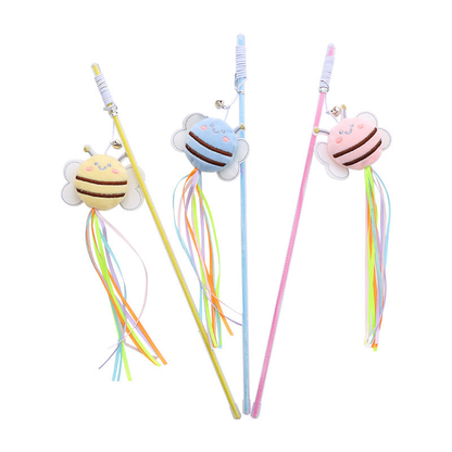 Pink, yellow, and light blue bee wand cat toys with ribbon streamers