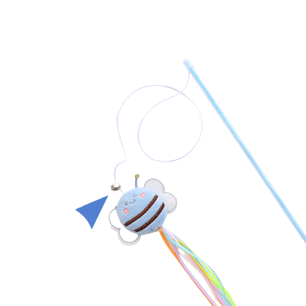 Close-up of the bell beside a light blue bee wand cat toy