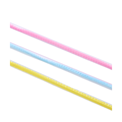 Close-up of the pink, light blue, and yellow cat toy wand shafts
