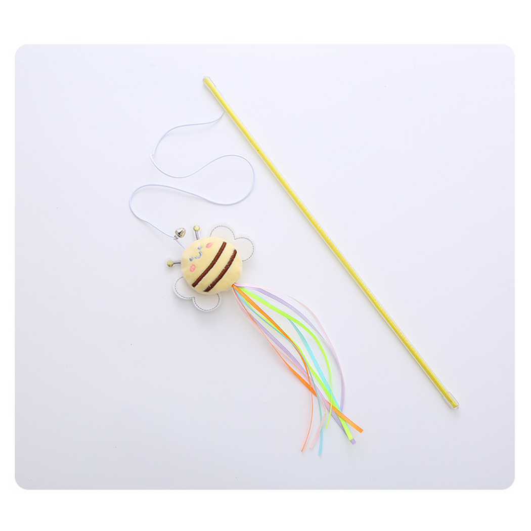 Yellow bee wand cat toy with colorful ribbon streamers