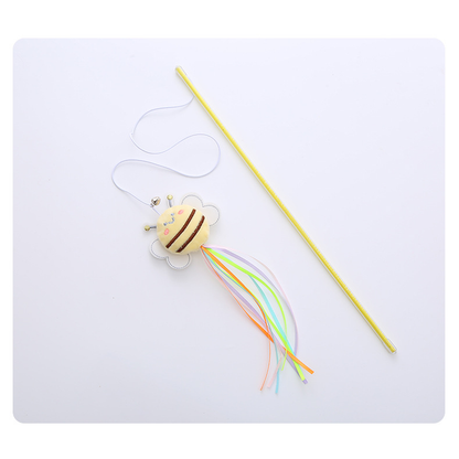 Yellow bee wand cat toy with colorful ribbon streamers