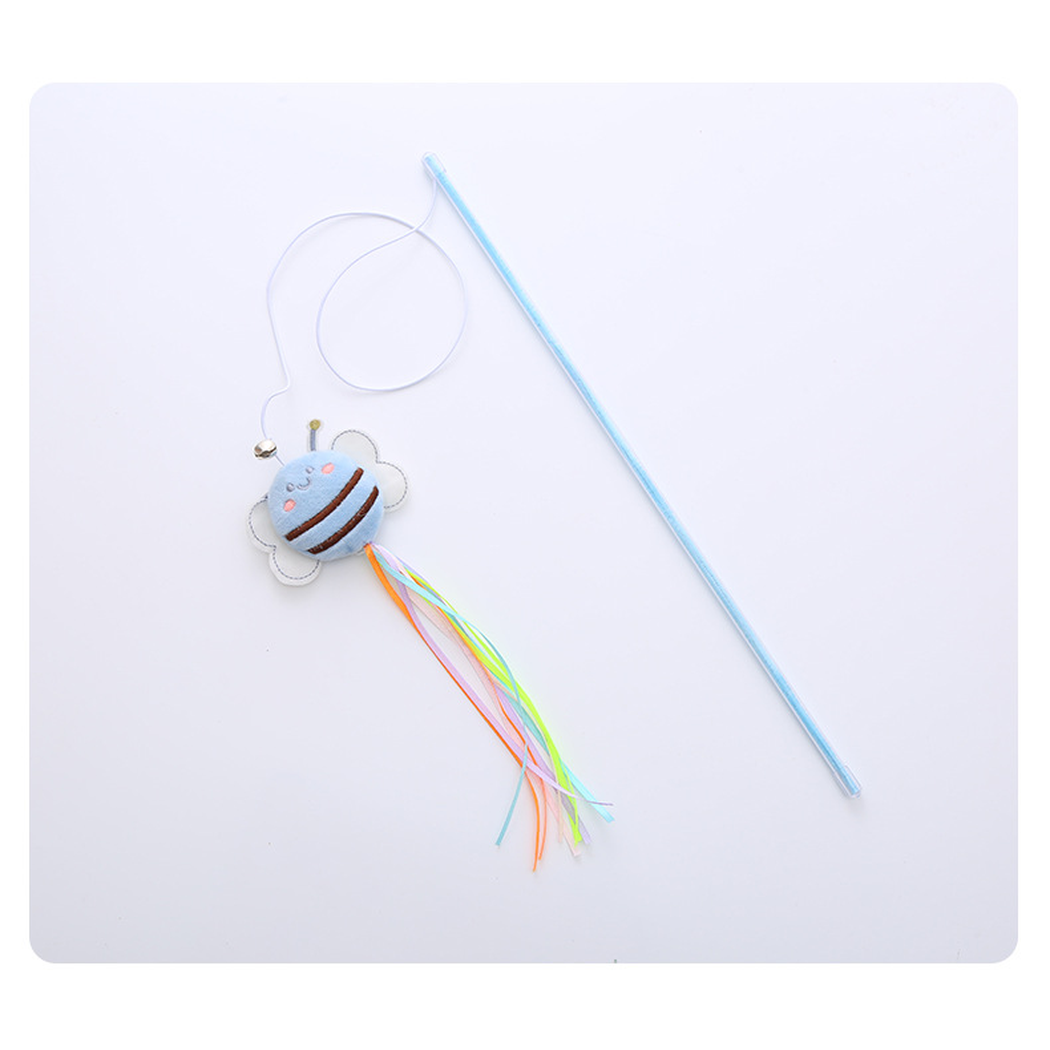 Light Blue bee wand cat toy with colorful ribbon streamers