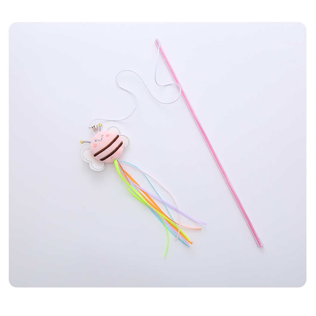 Pink bee wand cat toy with colorful ribbon streamers