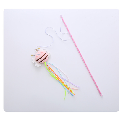 Pink bee wand cat toy with colorful ribbon streamers
