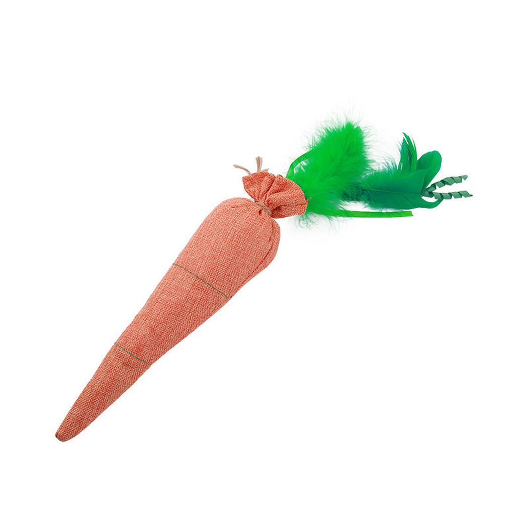 Carrot-shaped cat toy with an orange-pink tapered body and green feather tuft