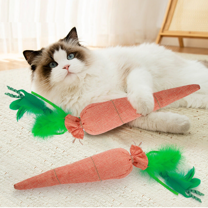 Two carrot-shaped cat toys beside a cat in a home setting