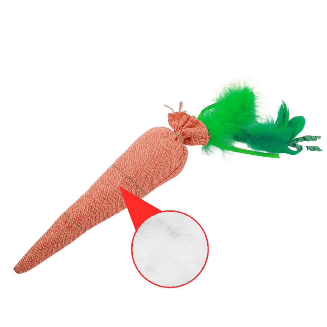 Carrot-shaped cat toy with feather tuft and interior filling inset