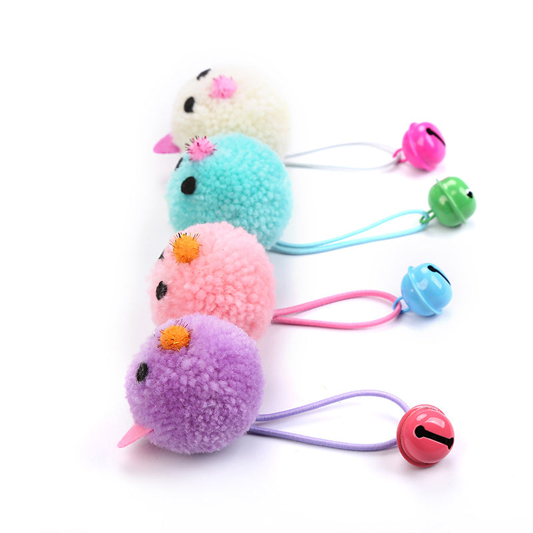 Purple, Light Pink, Turquoise and Ivory mouse-shaped cat toys with corded bells
