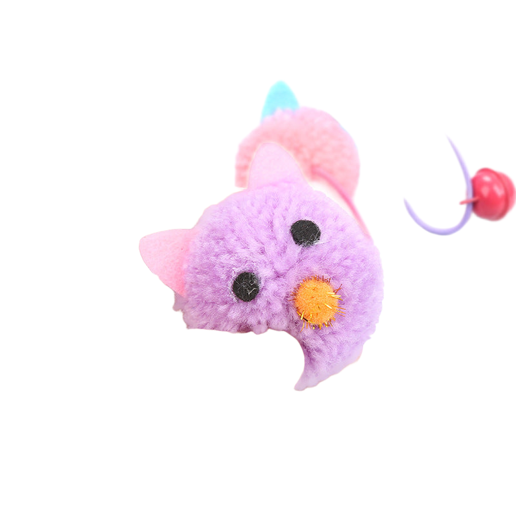 Close-up of the Purple mouse-shaped cat toy face and fuzzy surface