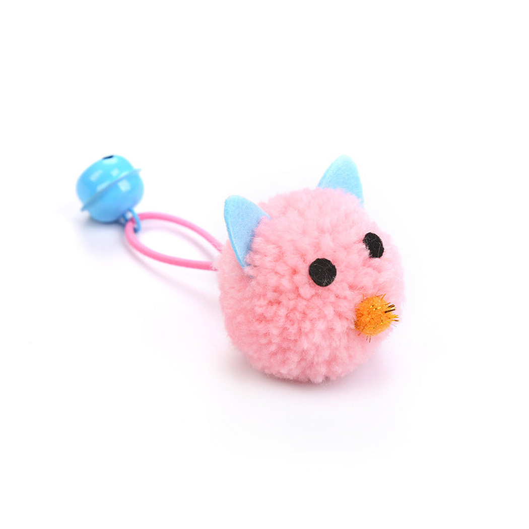 Light Pink mouse-shaped cat toy with looped cord and blue bell