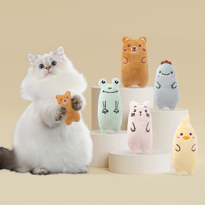 Cat with five animal character cat toy styles displayed nearby