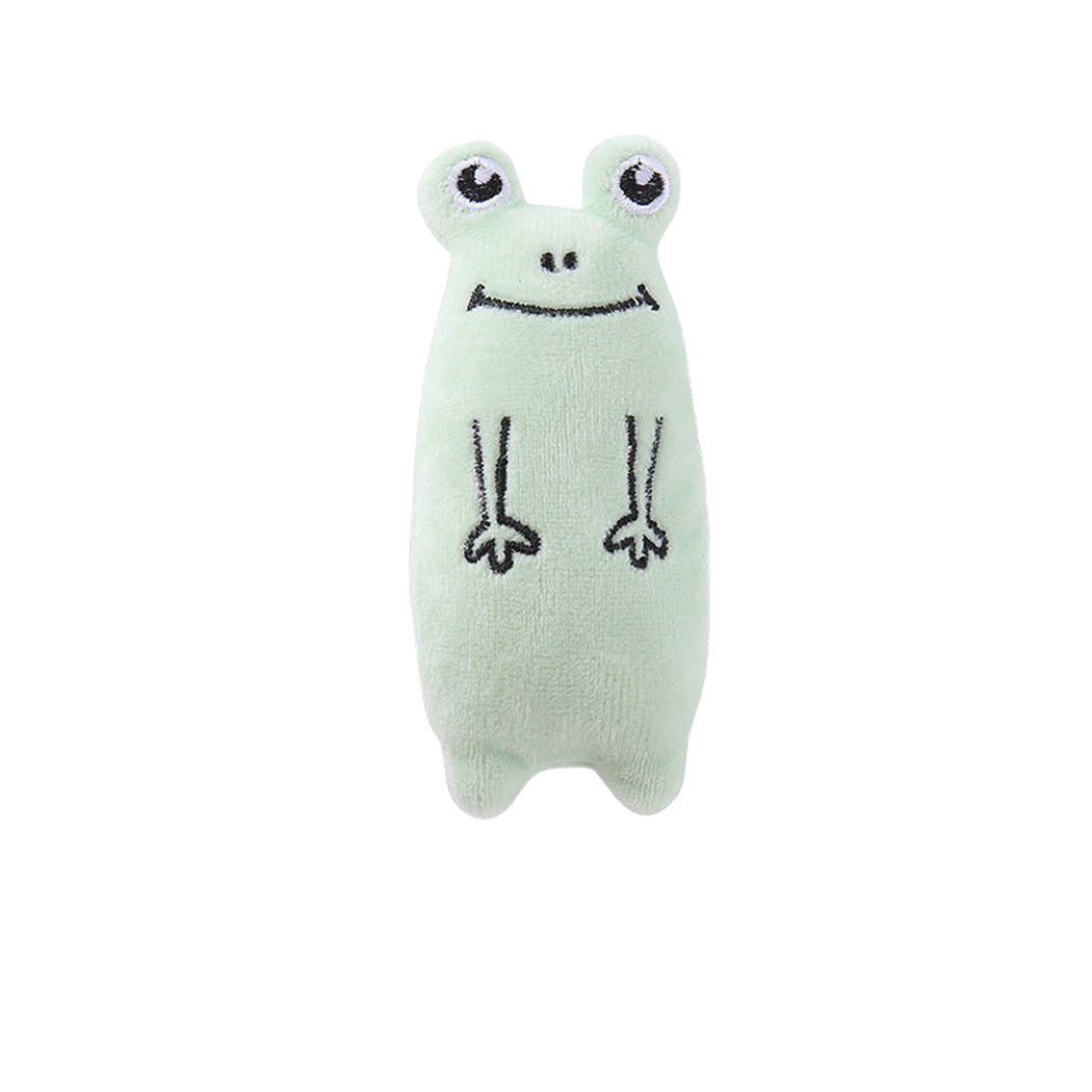 Frog style cat toy with stitched face and limb details, front view