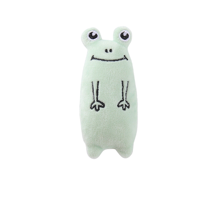 Frog style cat toy with stitched face and limb details, front view