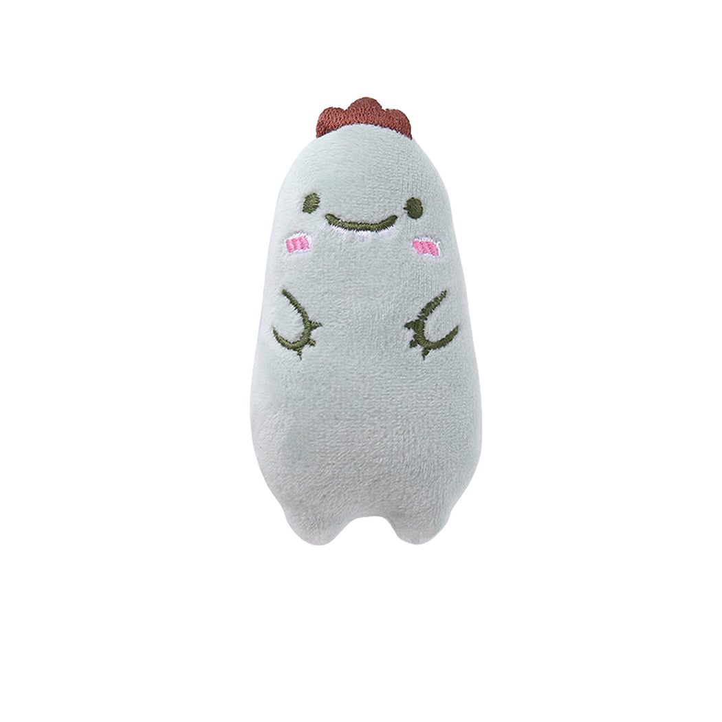 Dinosaur style cat toy with stitched face and limb details, front view