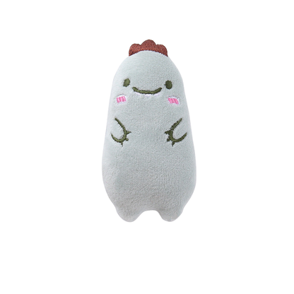 Dinosaur style cat toy with stitched face and limb details, front view