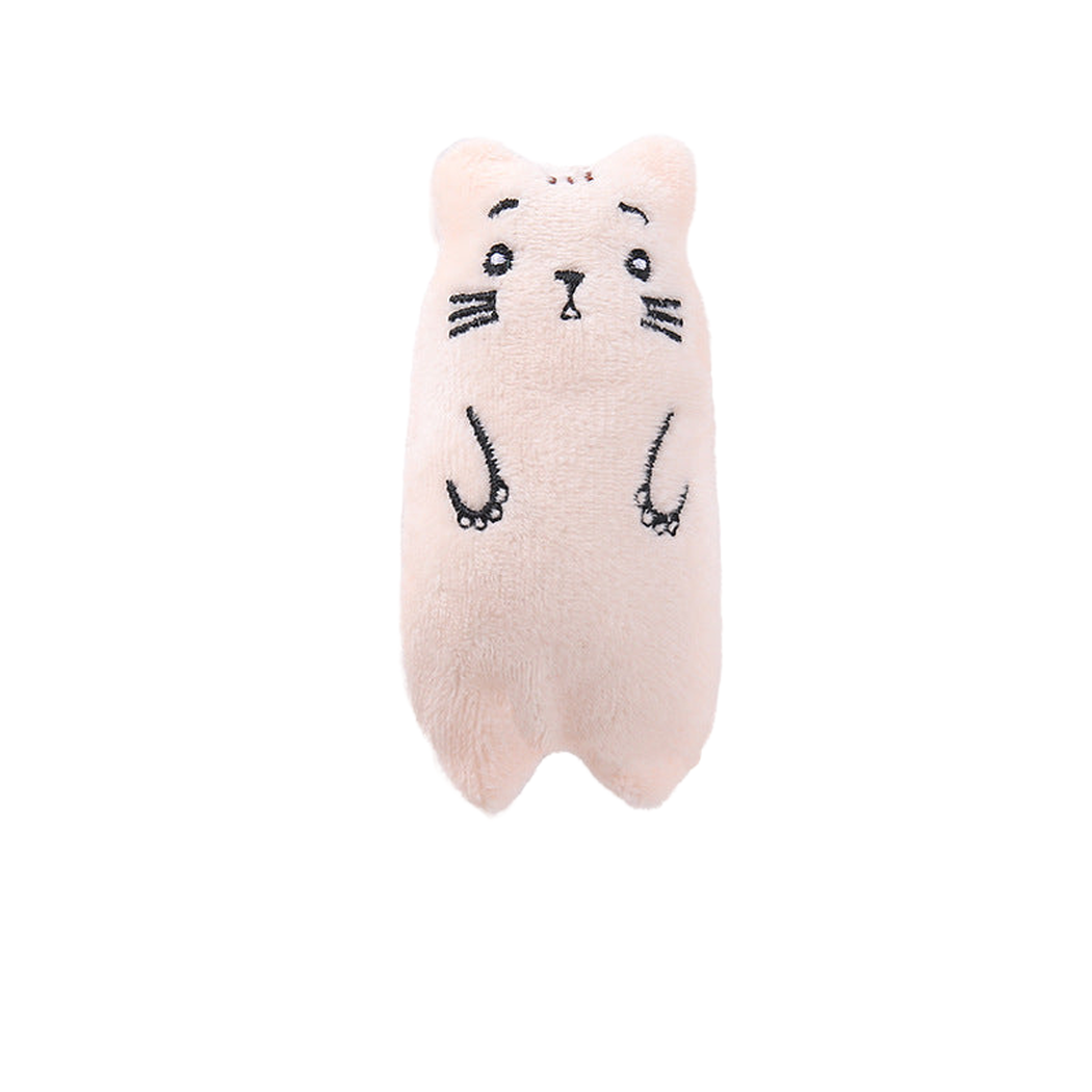 Cat style cat toy with stitched whiskers and paw details, front view