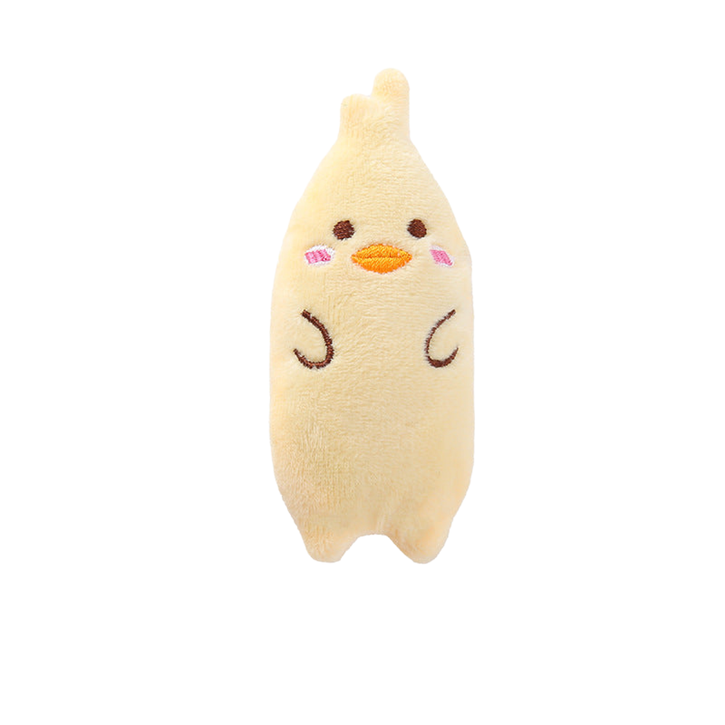 Duck style cat toy with stitched face and wing details, front view