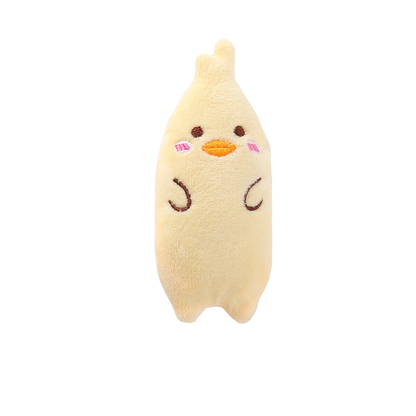 Duck style cat toy with stitched face and wing details, front view