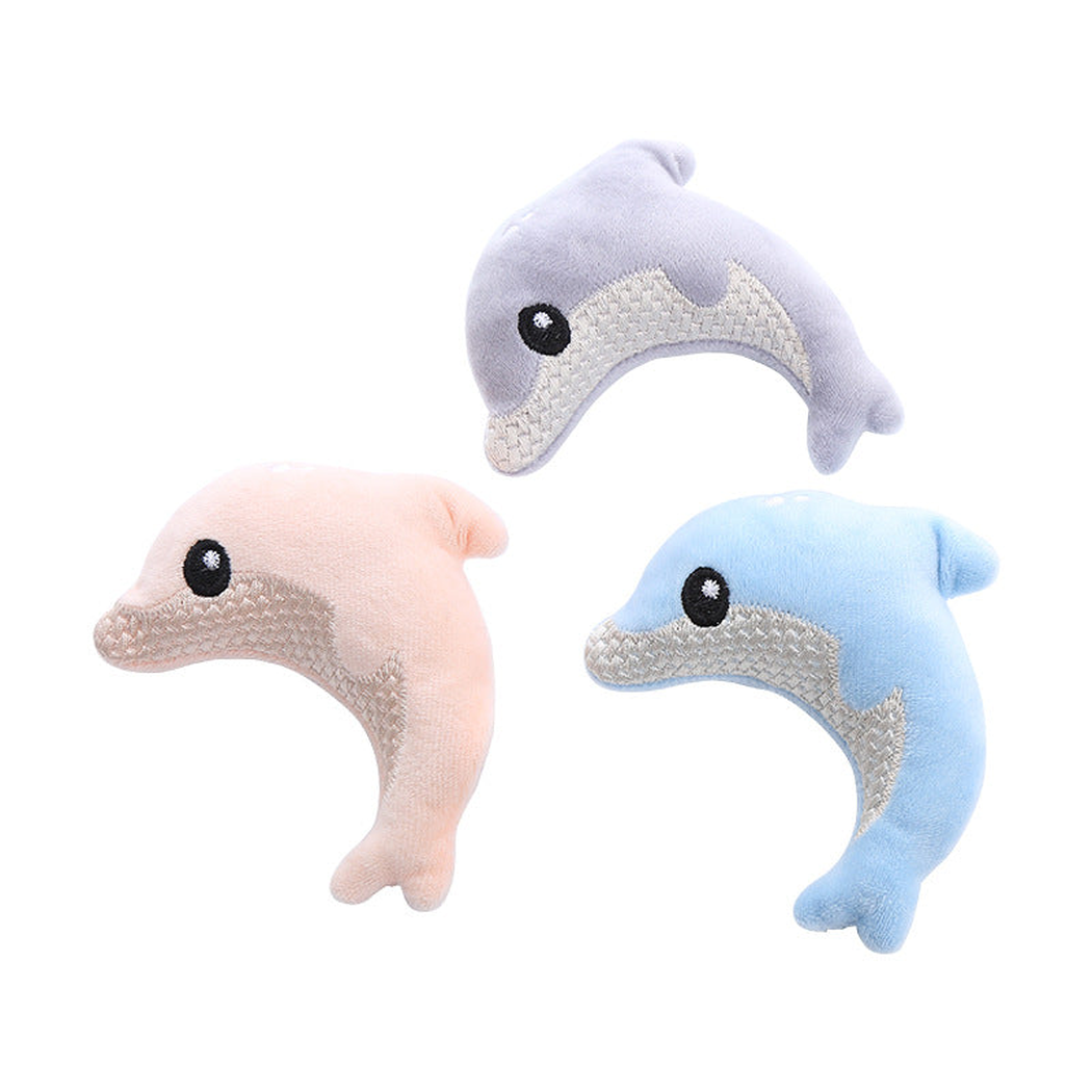 Pink, Purple and Blue dolphin-shaped cat toys displayed together