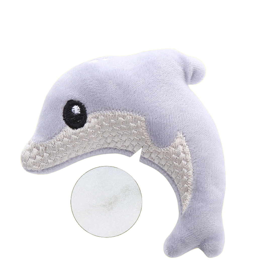 Purple dolphin cat toy with close-up of the inner filling
