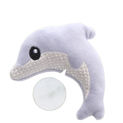 Purple dolphin cat toy with close-up of the inner filling