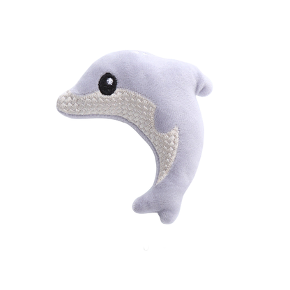Purple dolphin-shaped cat toy with contrasting embroidered side panel
