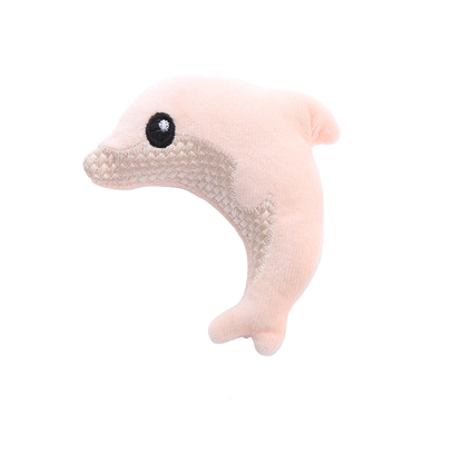 Pink dolphin-shaped cat toy with contrasting embroidered side panel