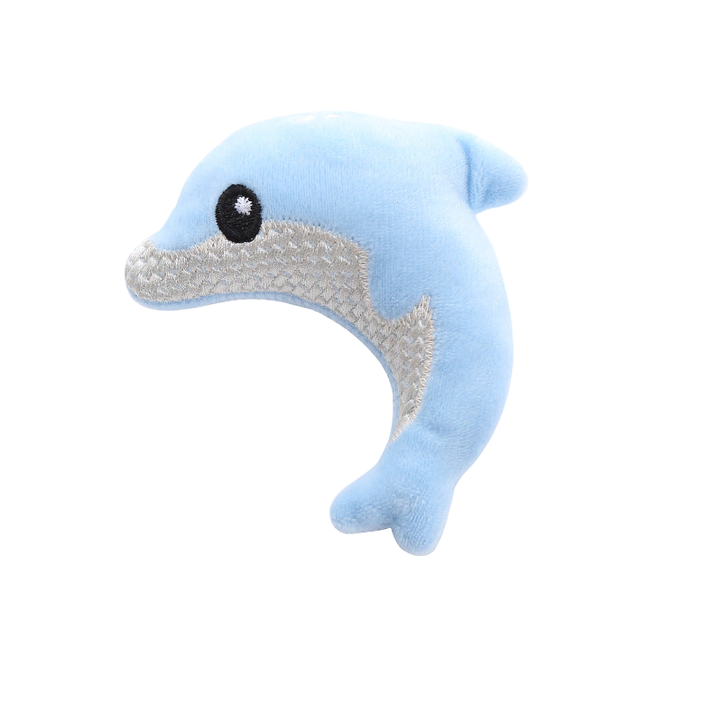 Blue dolphin-shaped cat toy with contrasting embroidered side panel