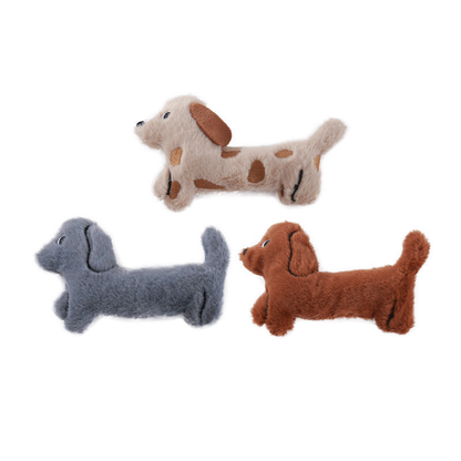 Gray, Spotted and Brown dachshund-shaped cat toys on a white background