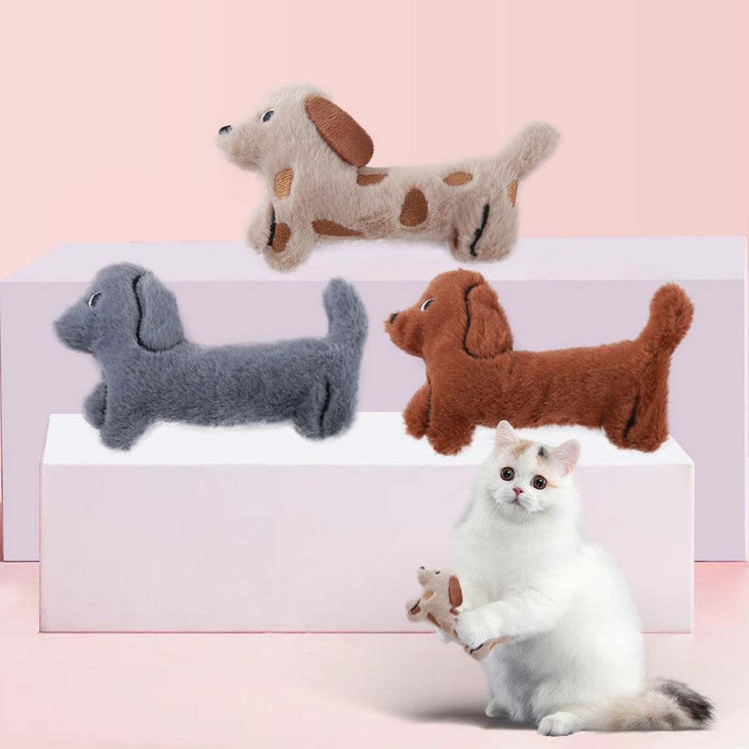 Gray, Spotted and Brown dachshund-shaped cat toys displayed with a white cat