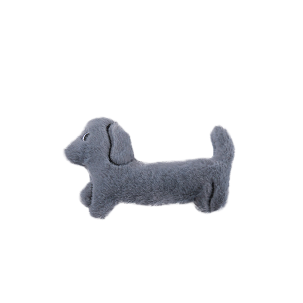 Gray dachshund-shaped cat toy, side view