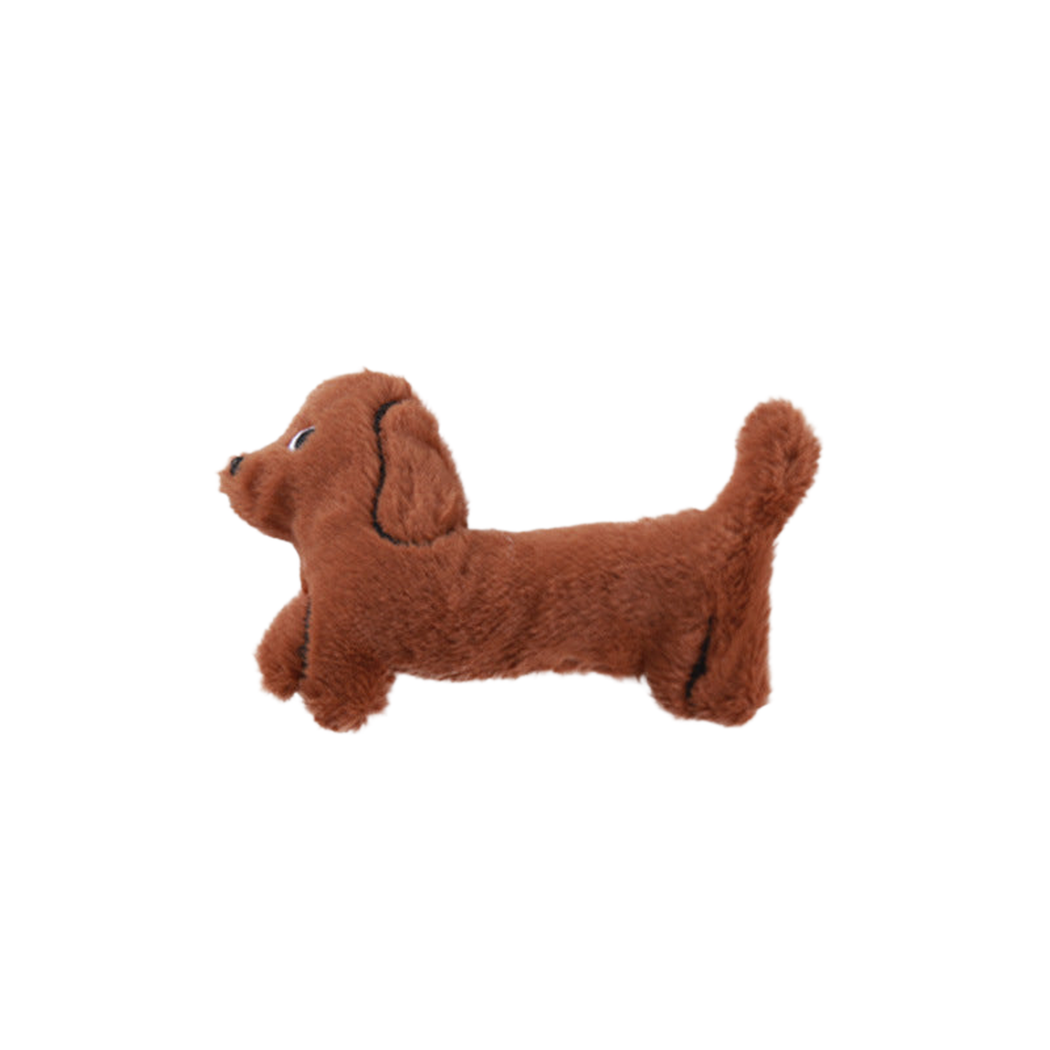 Brown dachshund-shaped cat toy, side view
