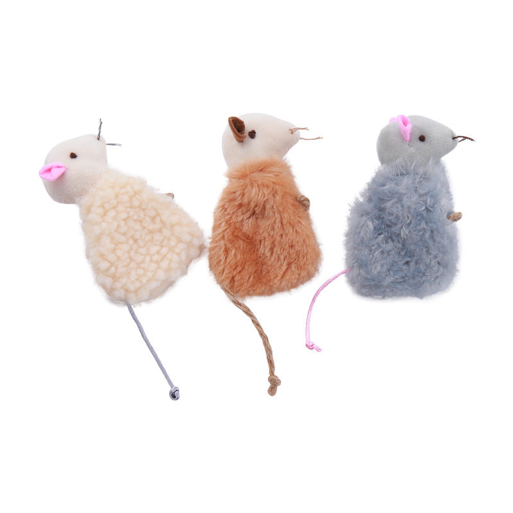 Beige, brown and gray mouse-shaped cat toys displayed together