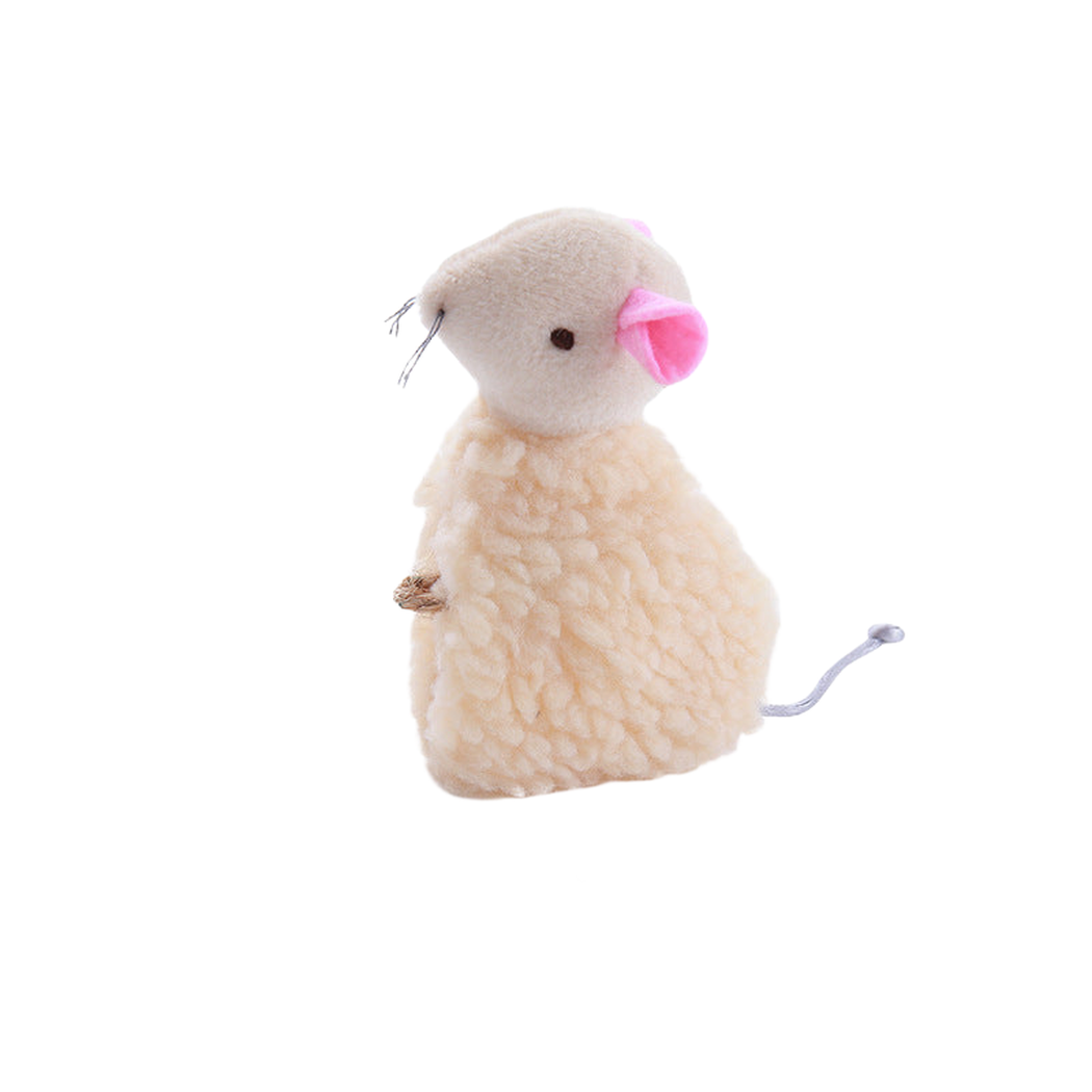Beige fuzzy mouse-shaped cat toy, side view