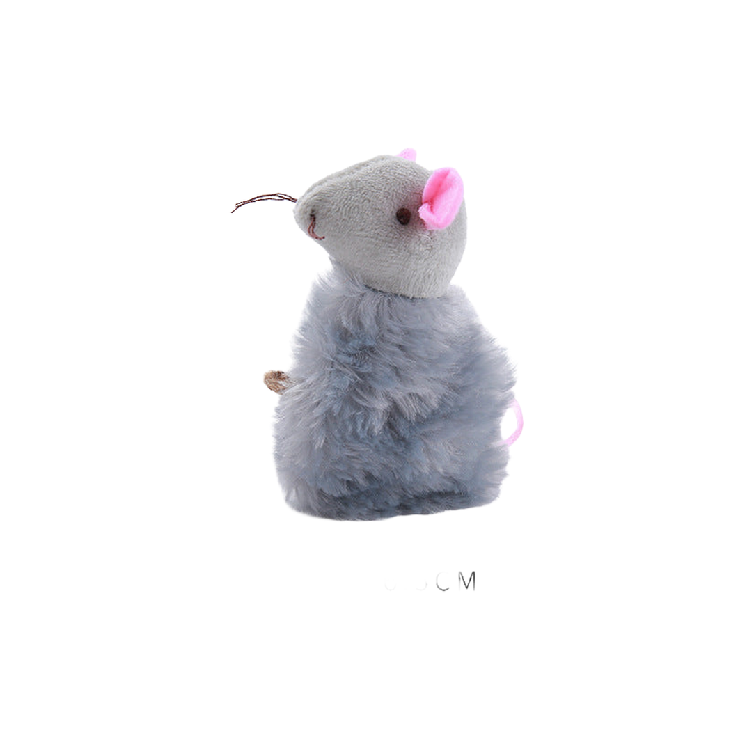 Gray fuzzy mouse-shaped cat toy, side view