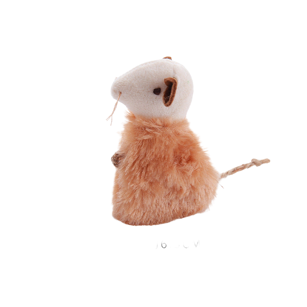 Brown fuzzy mouse-shaped cat toy, side view