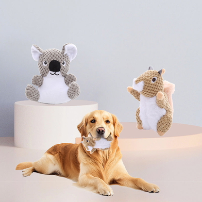 Dog with a squirrel dog toy beside koala and squirrel styles