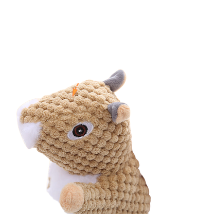 Close-up of the squirrel dog toy's raised textured surface and embroidered eye