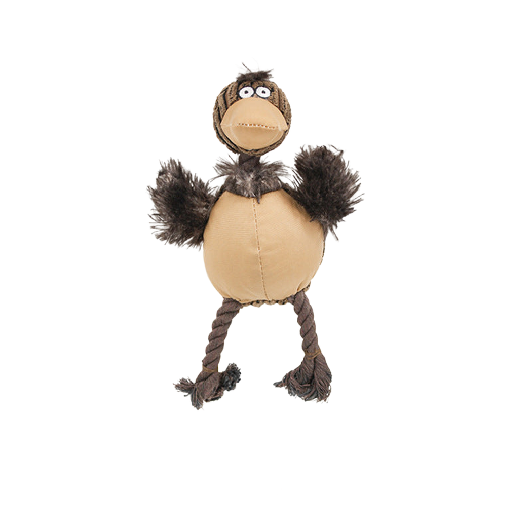 Camel bird-shaped dog toy with fuzzy wings and twisted rope legs, front view