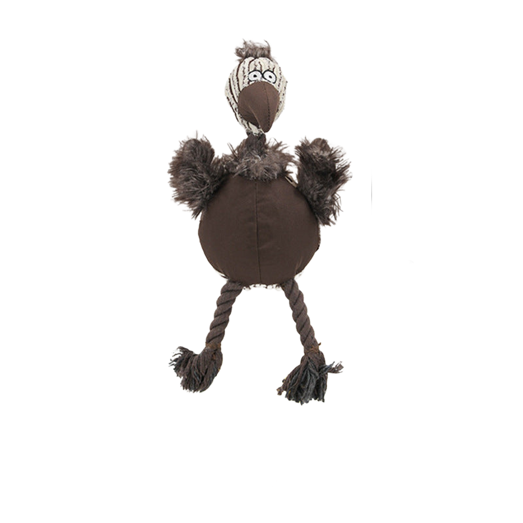 Coffee bird-shaped dog toy with fuzzy wings and twisted rope legs, front view