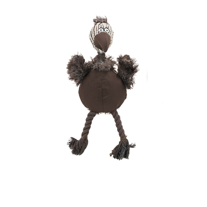 Coffee bird-shaped dog toy with fuzzy wings and twisted rope legs, front view