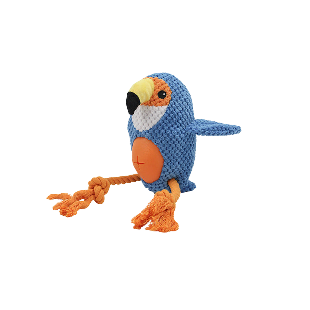 Blue Parrot bird-shaped dog toy with orange rope legs