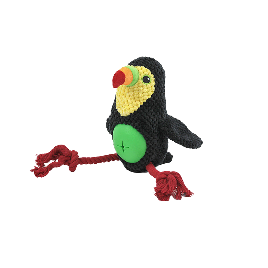 Black Toucan bird-shaped dog toy with red rope legs