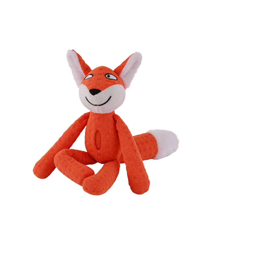 Fox dog toy with orange body and white tail tip, front view