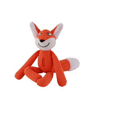 Fox dog toy with orange body and white tail tip, front view