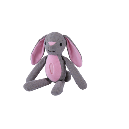 Rabbit dog toy with gray body and pink details, front view